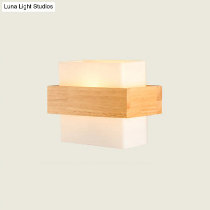 DecorBites™ Modern White Glass Rectangle Sconce with Wooden Accents - Single-Bulb Wall Light Fixture