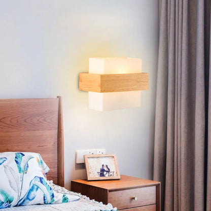 DecorBites™ Modern White Glass Rectangle Sconce with Wooden Accents - Single-Bulb Wall Light Fixture