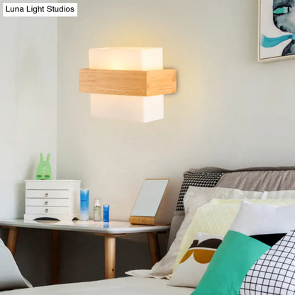 DecorBites™ Modern White Glass Rectangle Sconce with Wooden Accents - Single-Bulb Wall Light Fixture