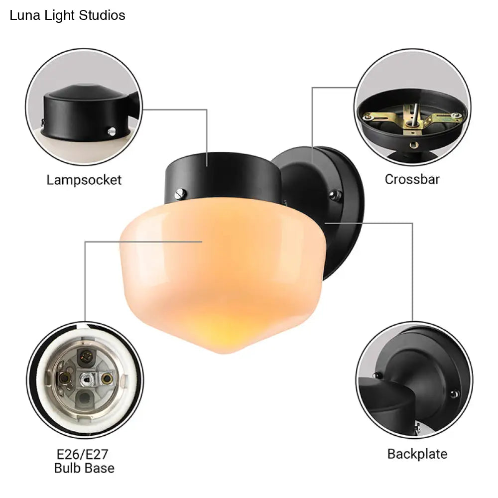 DecorBites™ Modern White Glass Schoolhouse Sconce Wall Lamp with Black/White Mirror - 1 Light