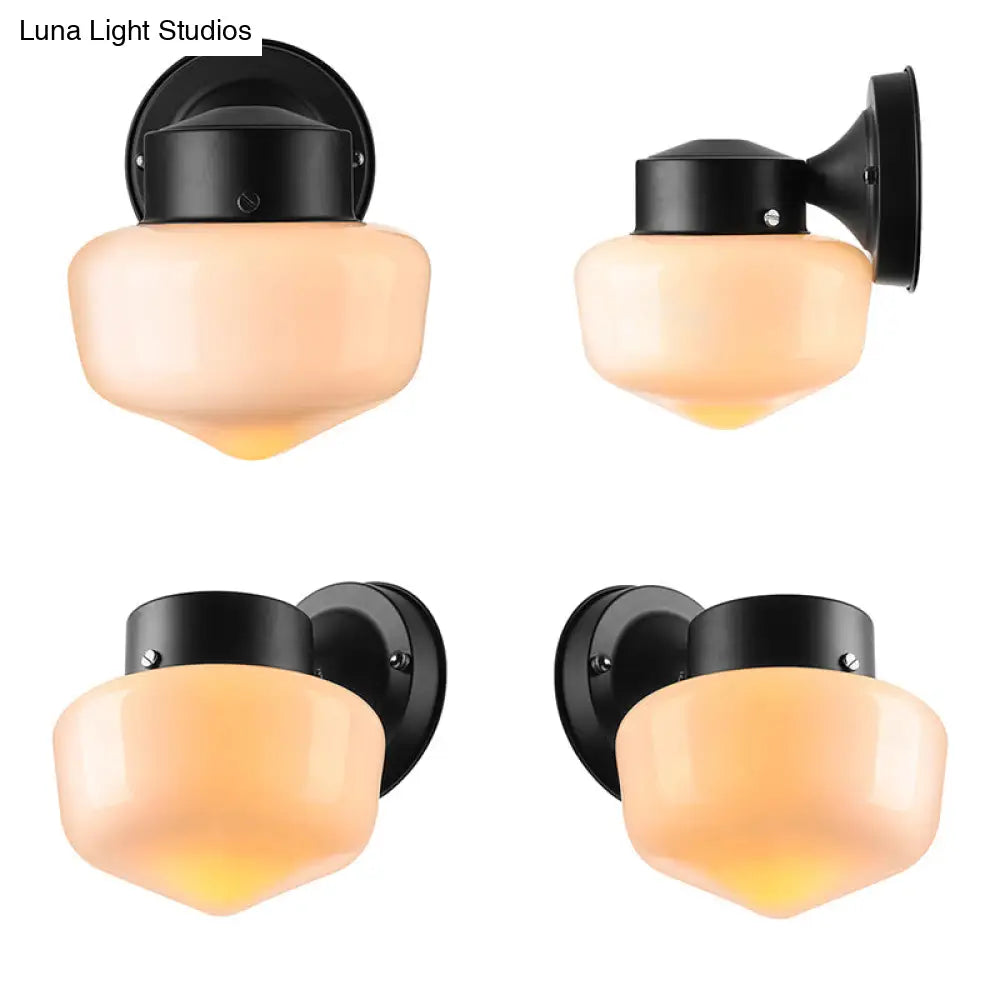 DecorBites™ Modern White Glass Schoolhouse Sconce Wall Lamp with Black/White Mirror - 1 Light