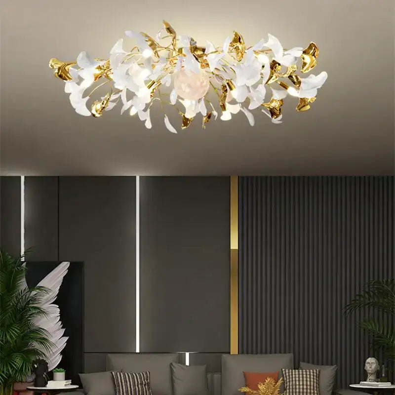 Modern white & gold ginkgo leaf led ceiling chandelier living room