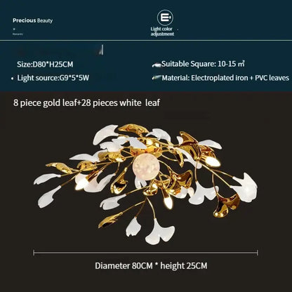 Modern white & gold ginkgo leaf led ceiling chandelier living room