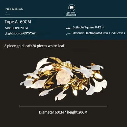 Modern white & gold ginkgo leaf led ceiling chandelier living room