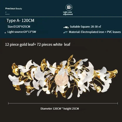 Modern white & gold ginkgo leaf led ceiling chandelier living room