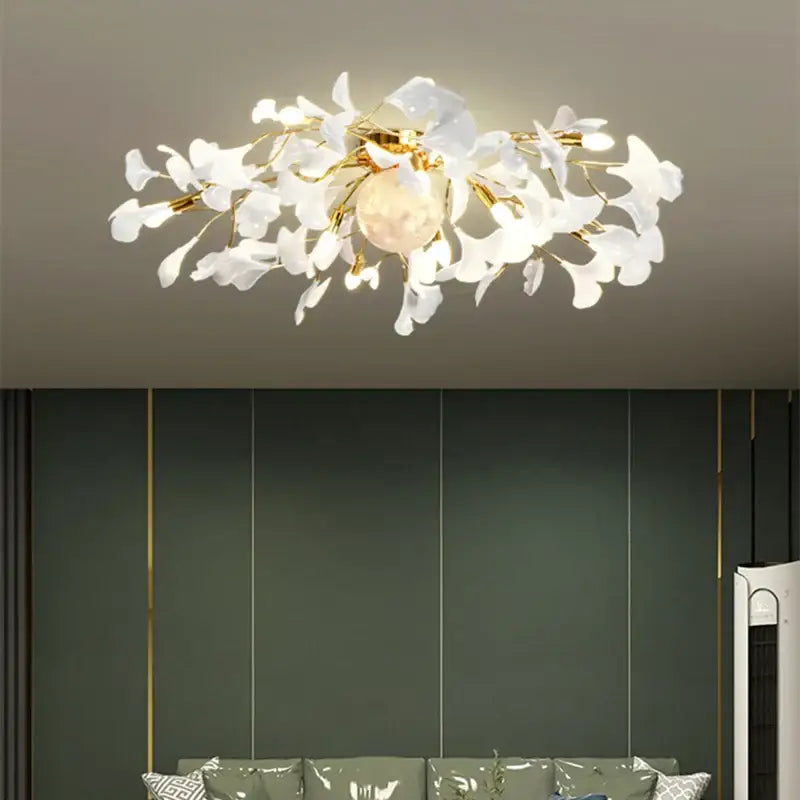 Modern white & gold ginkgo leaf led ceiling chandelier living room
