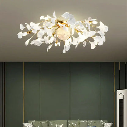 Modern white & gold ginkgo leaf led ceiling chandelier living room