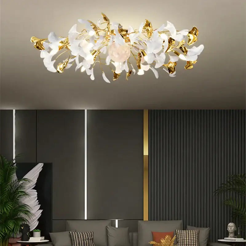 Modern white & gold ginkgo leaf led ceiling chandelier living room