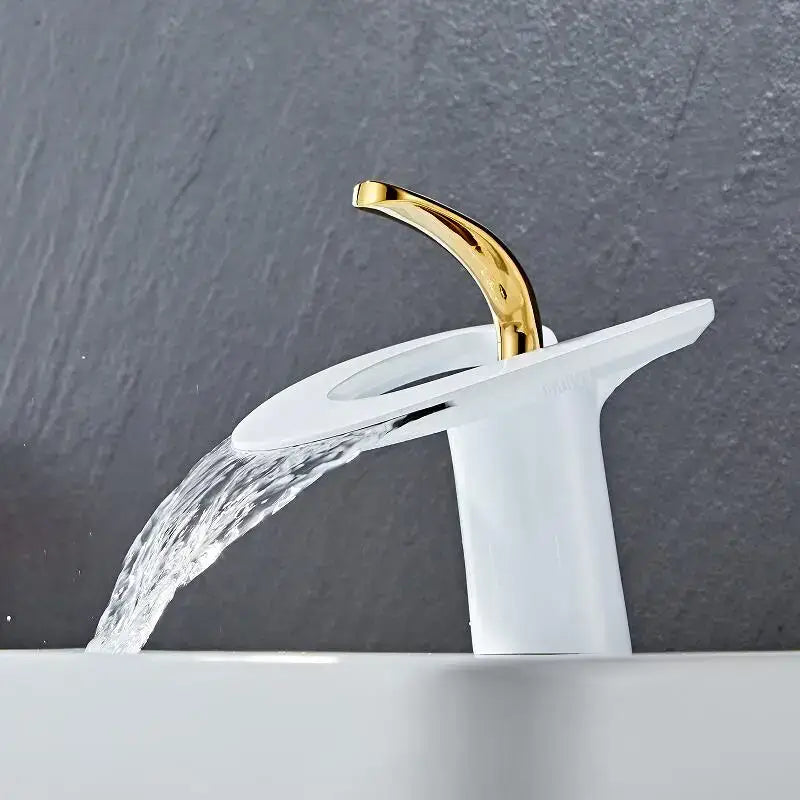 Modern white & gold waterfall basin faucet bathroom sink mixer tap