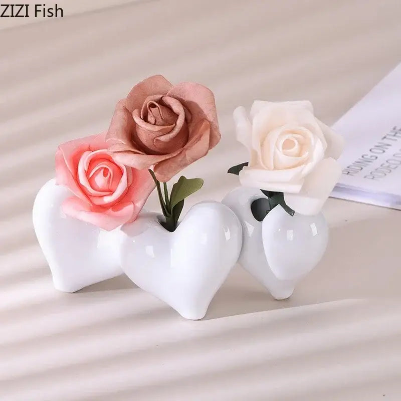 Modern white heart ceramic vase desk decor with artificial greenery