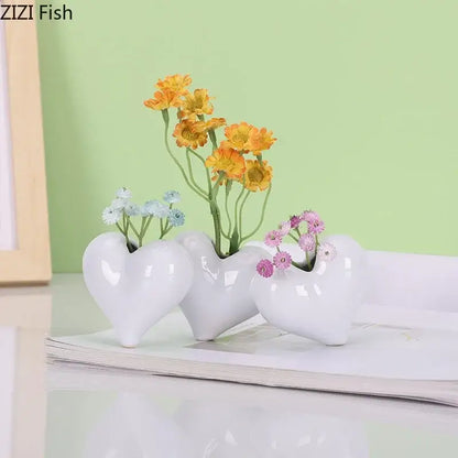 Modern white heart ceramic vase desk decor with artificial greenery
