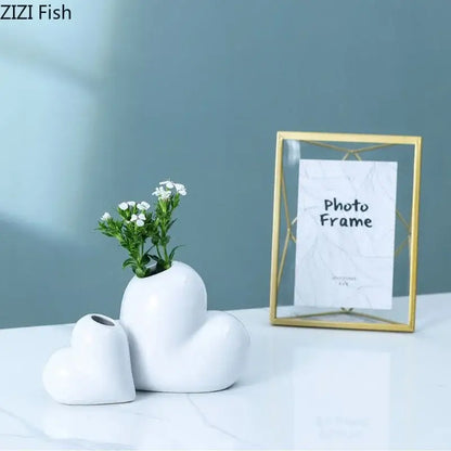 Modern white heart ceramic vase desk decor with artificial greenery