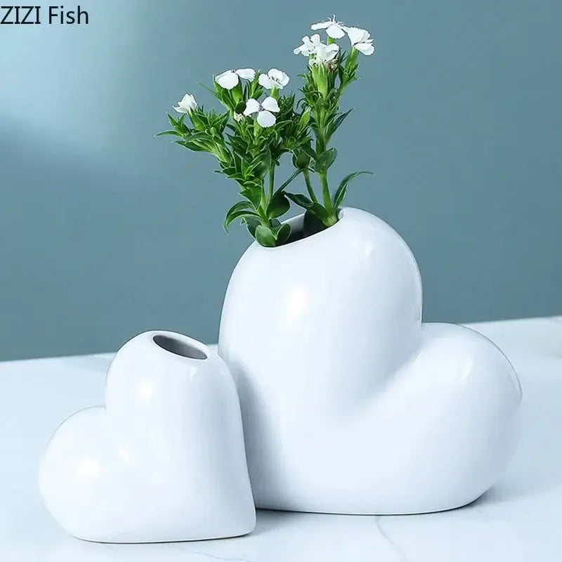 Modern white heart ceramic vase desk decor with artificial greenery