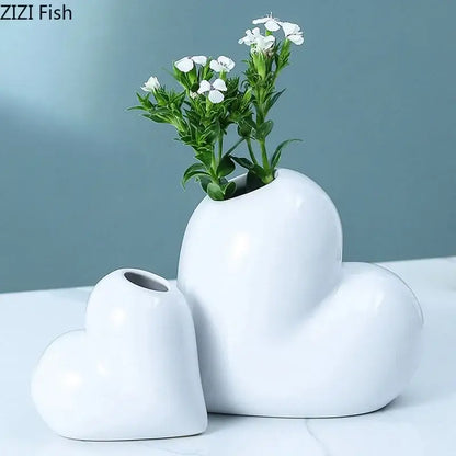 Modern white heart ceramic vase desk decor with artificial greenery