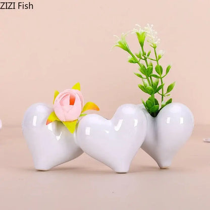 Modern white heart ceramic vase desk decor with artificial greenery