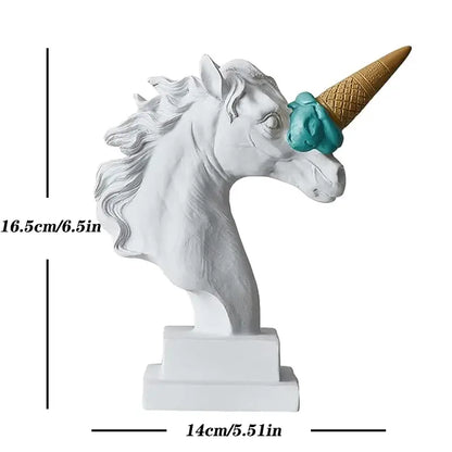 Modern white horse head sculpture with ice cream horn living room decor