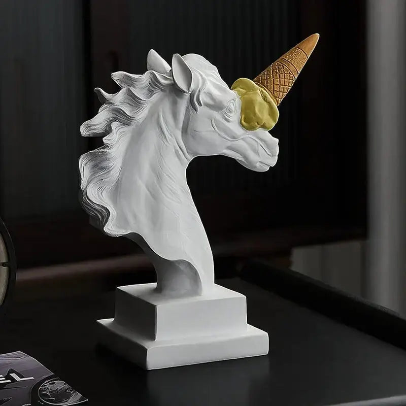 Modern white horse head sculpture with ice cream horn living room decor
