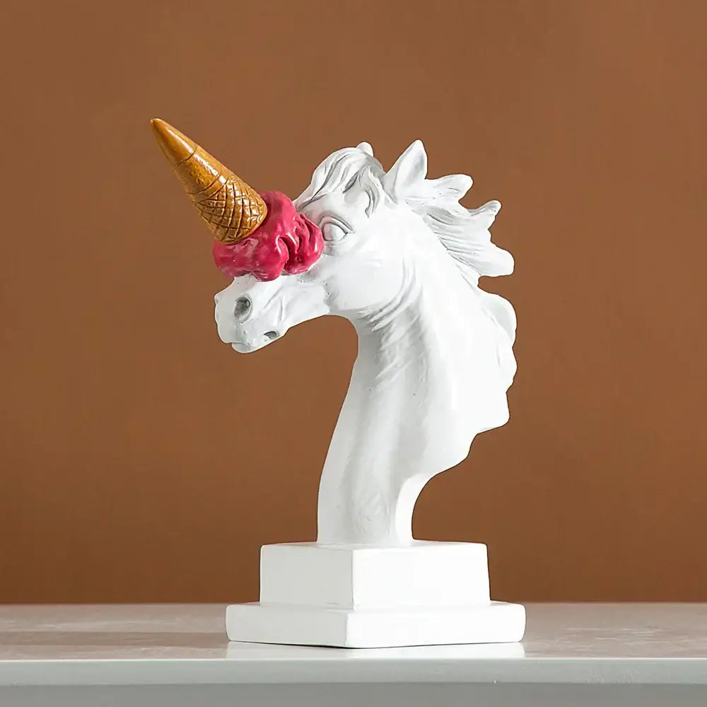 Modern white horse head sculpture with ice cream horn living room decor