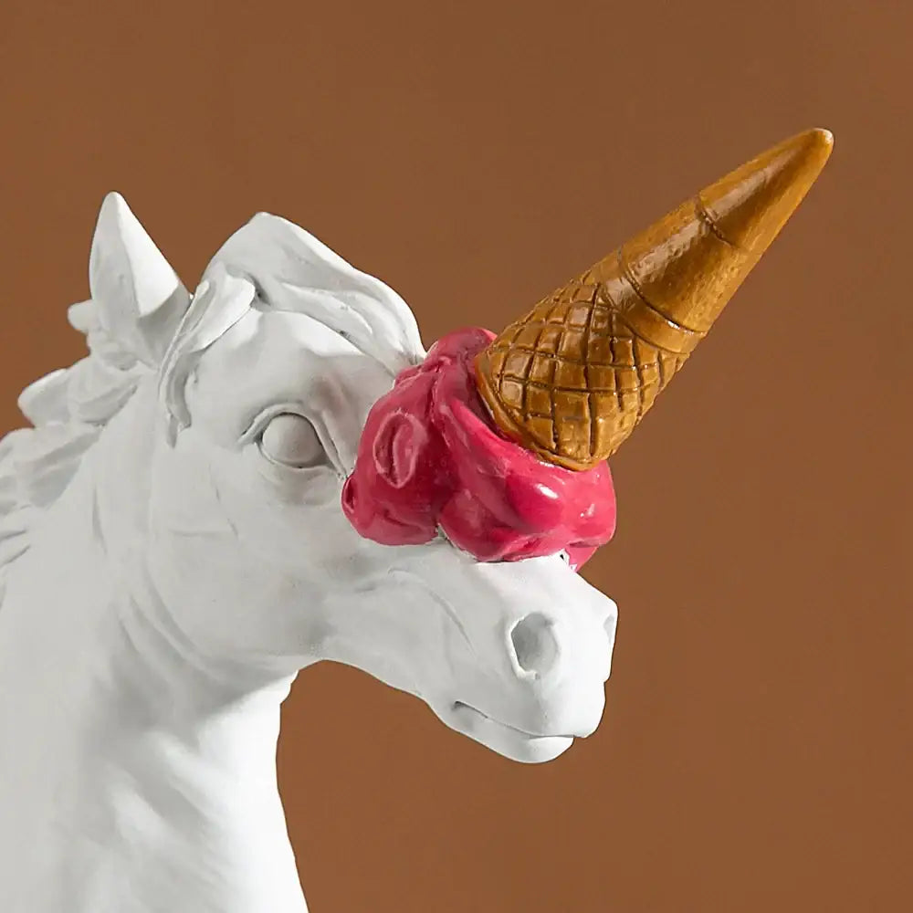 Modern white horse head sculpture with ice cream horn living room decor
