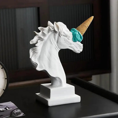 Modern white horse head sculpture with ice cream horn living room decor