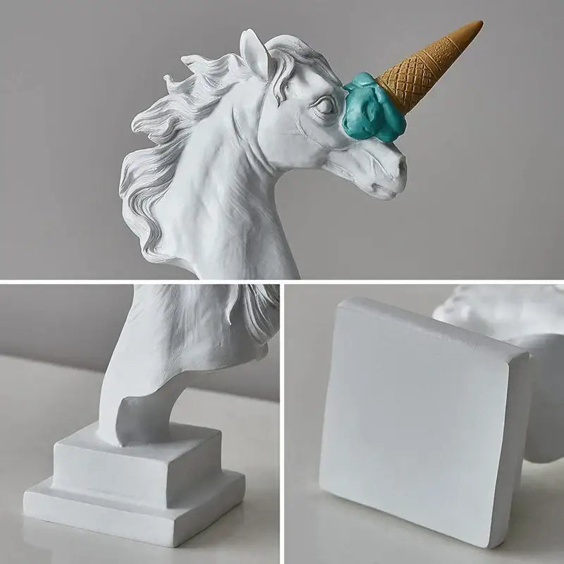 Modern white horse head sculpture with ice cream horn living room decor