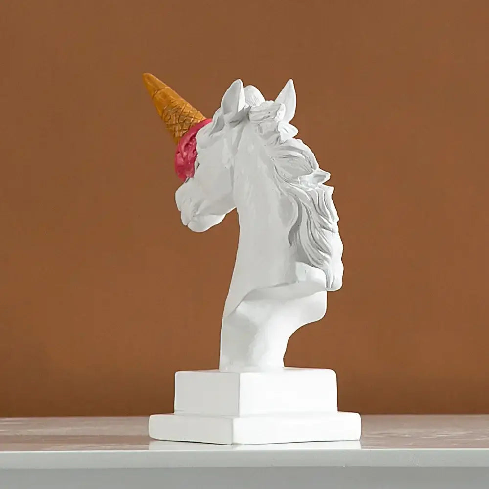 Modern white horse head sculpture with ice cream horn living room decor