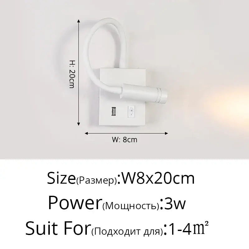 Modern white led bedside wall lamp with usb port – bedroom reading light