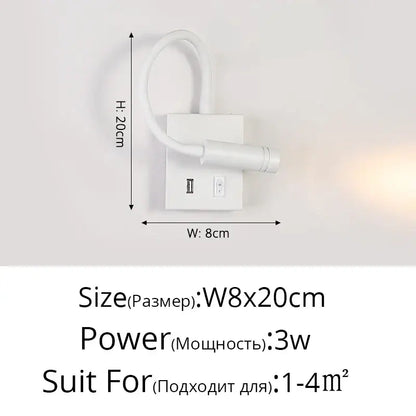 Modern white led bedside wall lamp with usb port – bedroom reading light
