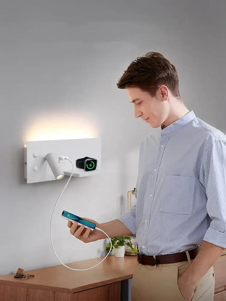 Modern white led wall light with usb charging – bedroom wall lamp