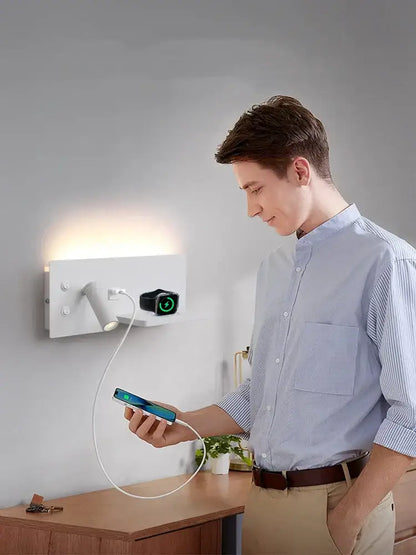 Modern white led wall light with usb charging – bedroom wall lamp