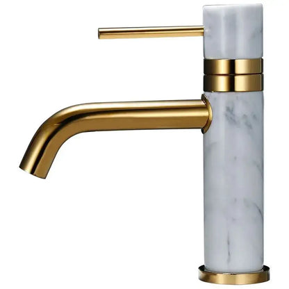 Modern white marble and brushed gold bathroom faucet with swivel spout