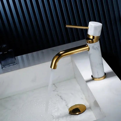 Modern white marble and brushed gold bathroom faucet with swivel spout
