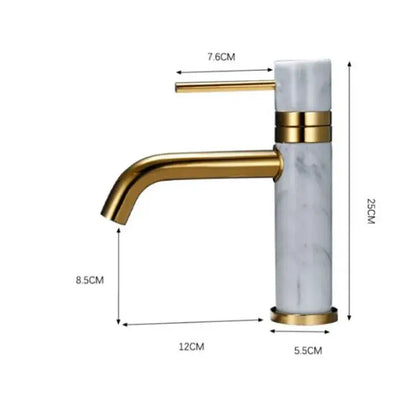Modern white marble and brushed gold bathroom faucet with swivel spout