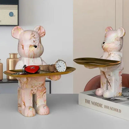 Modern white marble bear figurine sculpture with gold tray living room