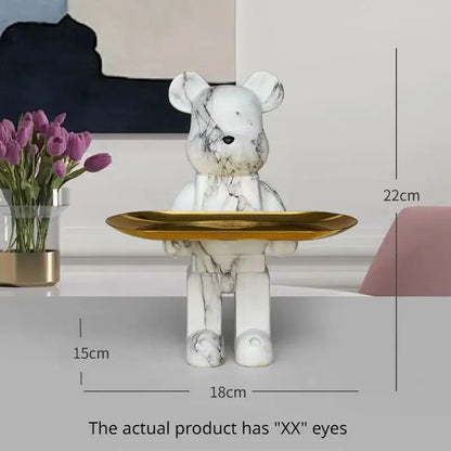 Modern white marble bear figurine sculpture with gold tray living room