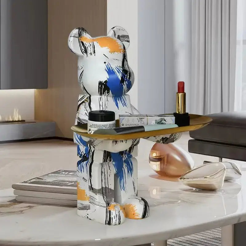 Modern white marble bear figurine sculpture with gold tray living room