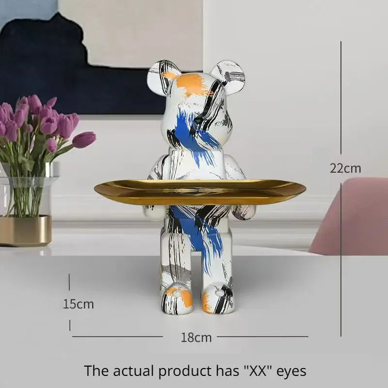 Modern white marble bear figurine sculpture with gold tray living room