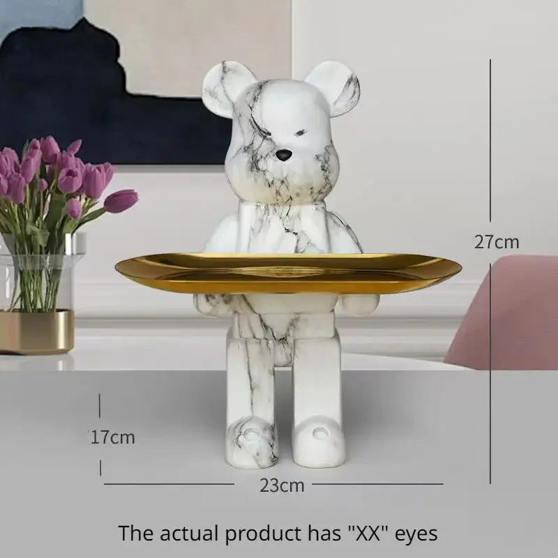 Modern white marble bear figurine sculpture with gold tray living room