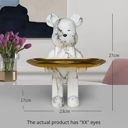 Modern white marble bear figurine sculpture with gold tray living room