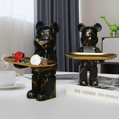 Modern white marble bear figurine sculpture with gold tray living room