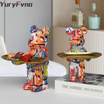 Modern white marble bear figurine sculpture with gold tray living room