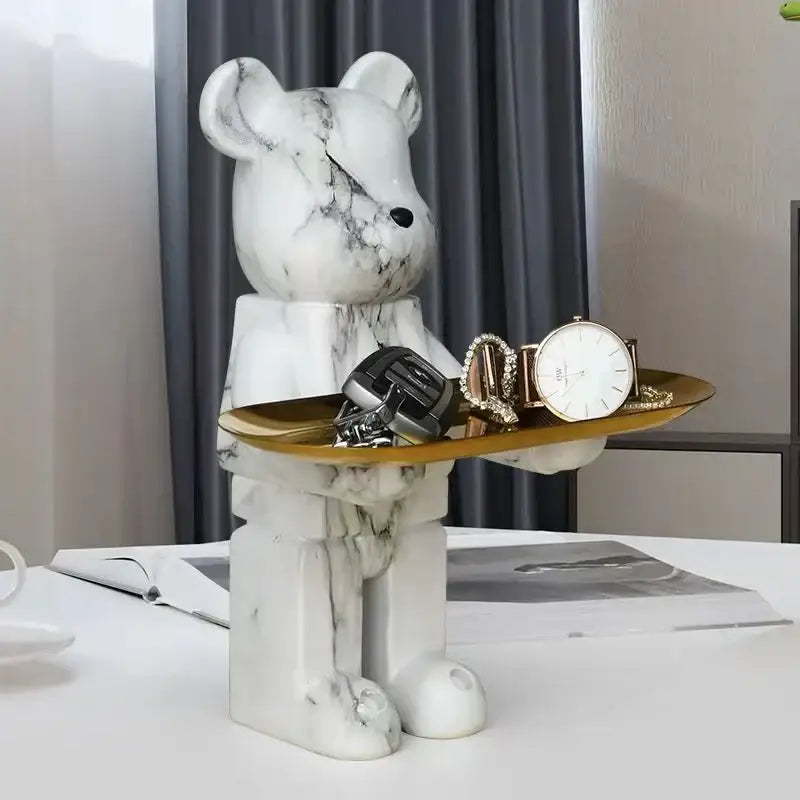 Modern white marble bear figurine sculpture with gold tray living room
