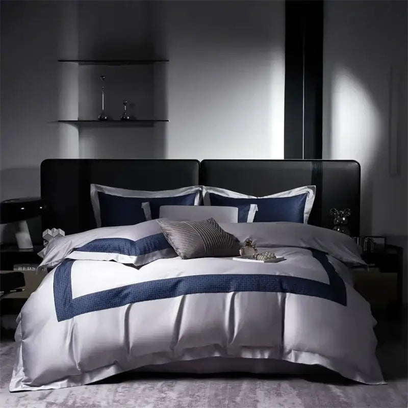 Modern white & navy egyptian cotton luxury bedding set bedroom
