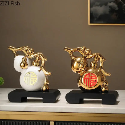 Modern white & orange golden gourd ceramic sculpture living room decor