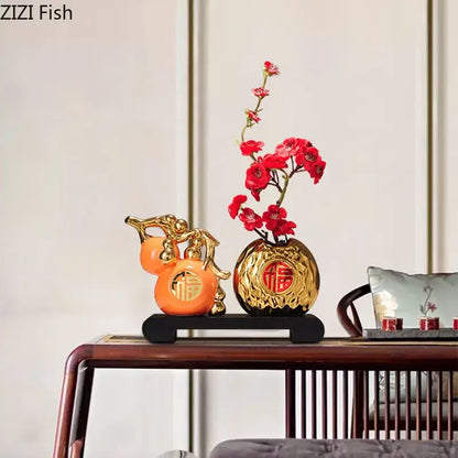 Modern white & orange golden gourd ceramic sculpture living room decor