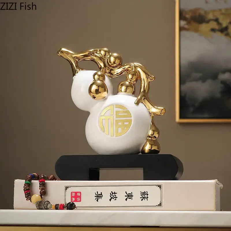 Modern white & orange golden gourd ceramic sculpture living room decor