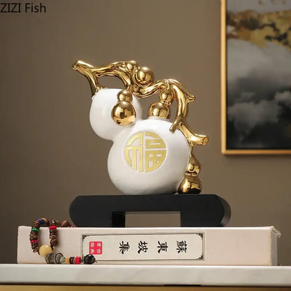 Modern white & orange golden gourd ceramic sculpture living room decor