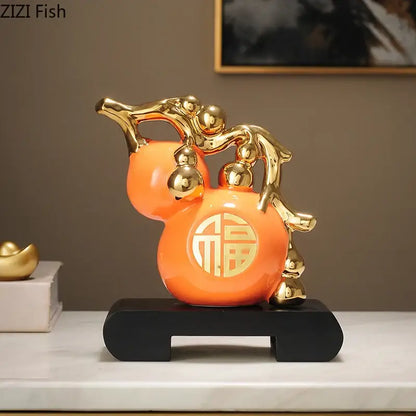 Modern white & orange golden gourd ceramic sculpture living room decor