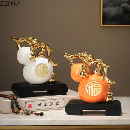 Modern white & orange golden gourd ceramic sculpture living room decor
