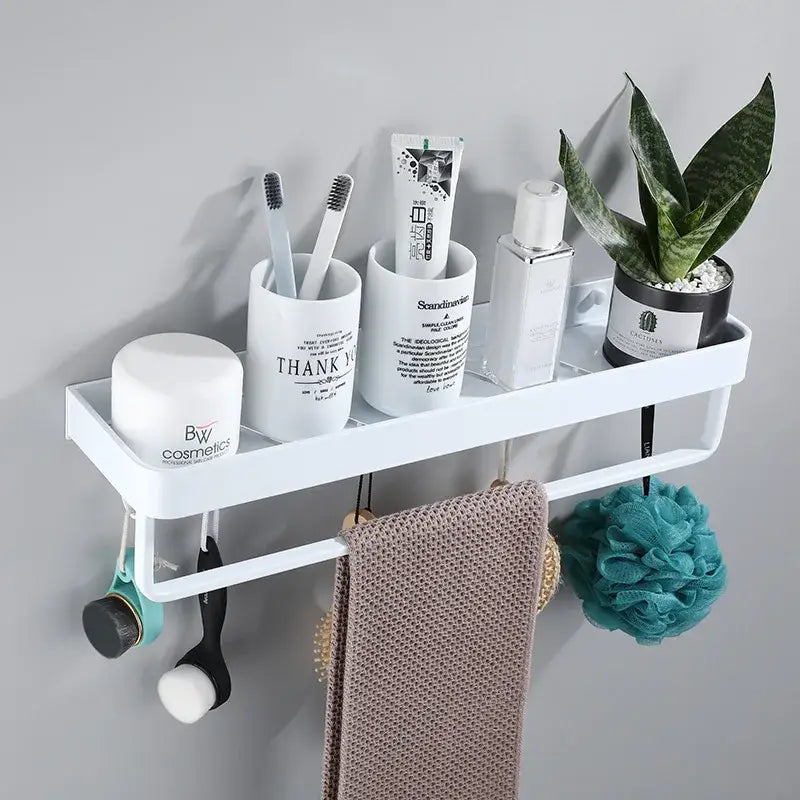 Modern white plastic corner shelf with towel bar kitchen storage